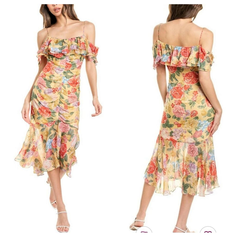 Divine Heritage Floral Ruffle Off the shoulder Silk Dress, Size S